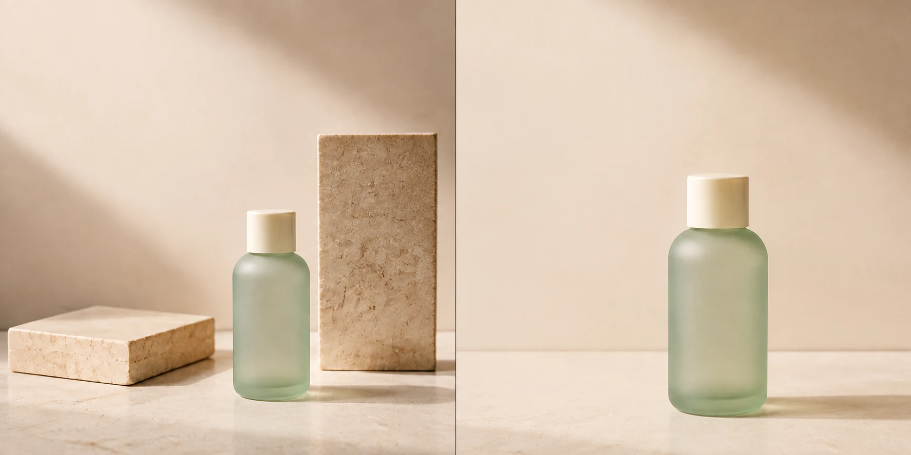 Illustrative comparison of a bottle with two stone props and a revised composition with the props removed and more clear headline space