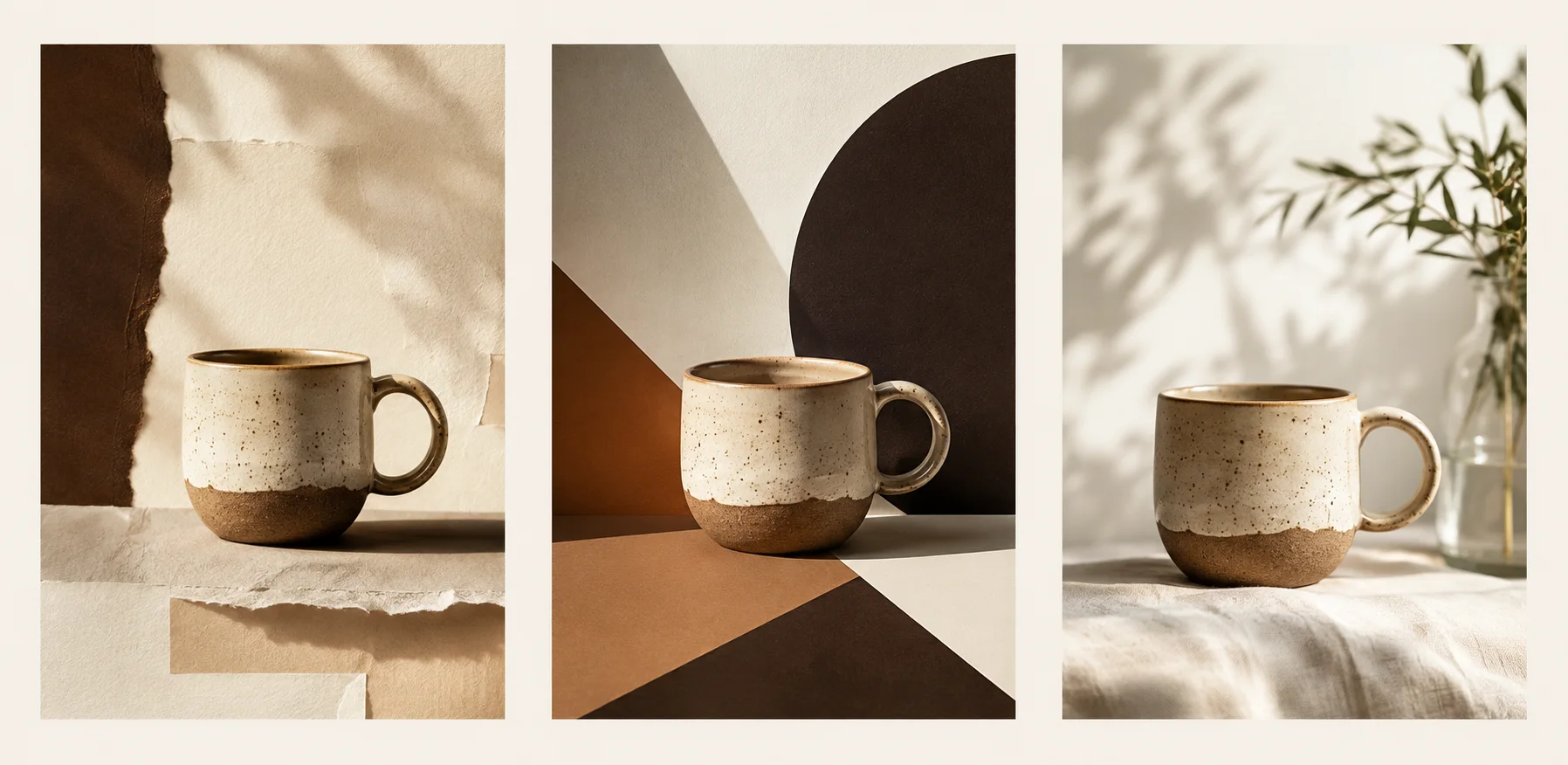 Three AI flyer visual directions built around the same ceramic coffee cup