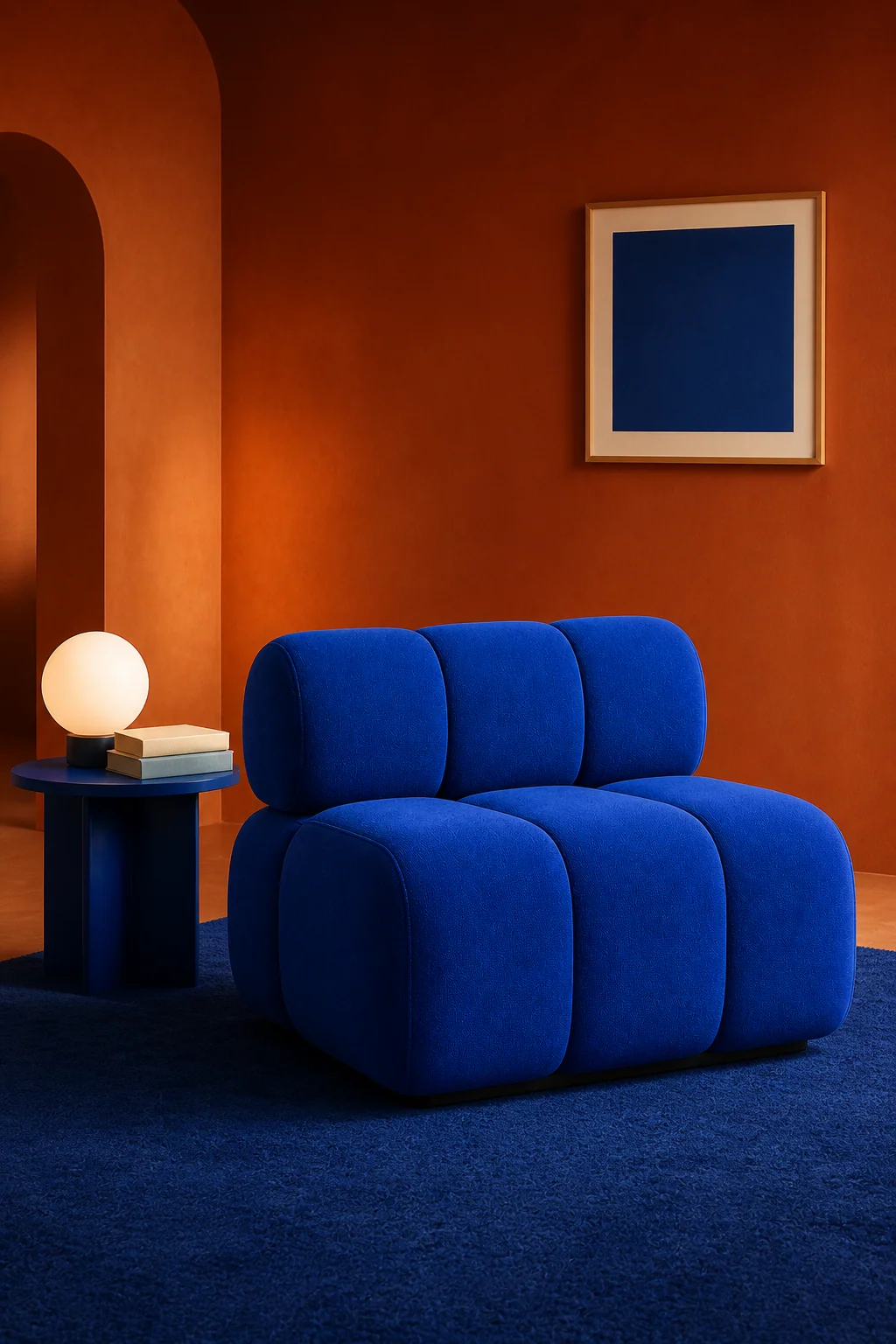 Blue chair in a terracotta interior, with a side table and framed wall art occupying part of the background.