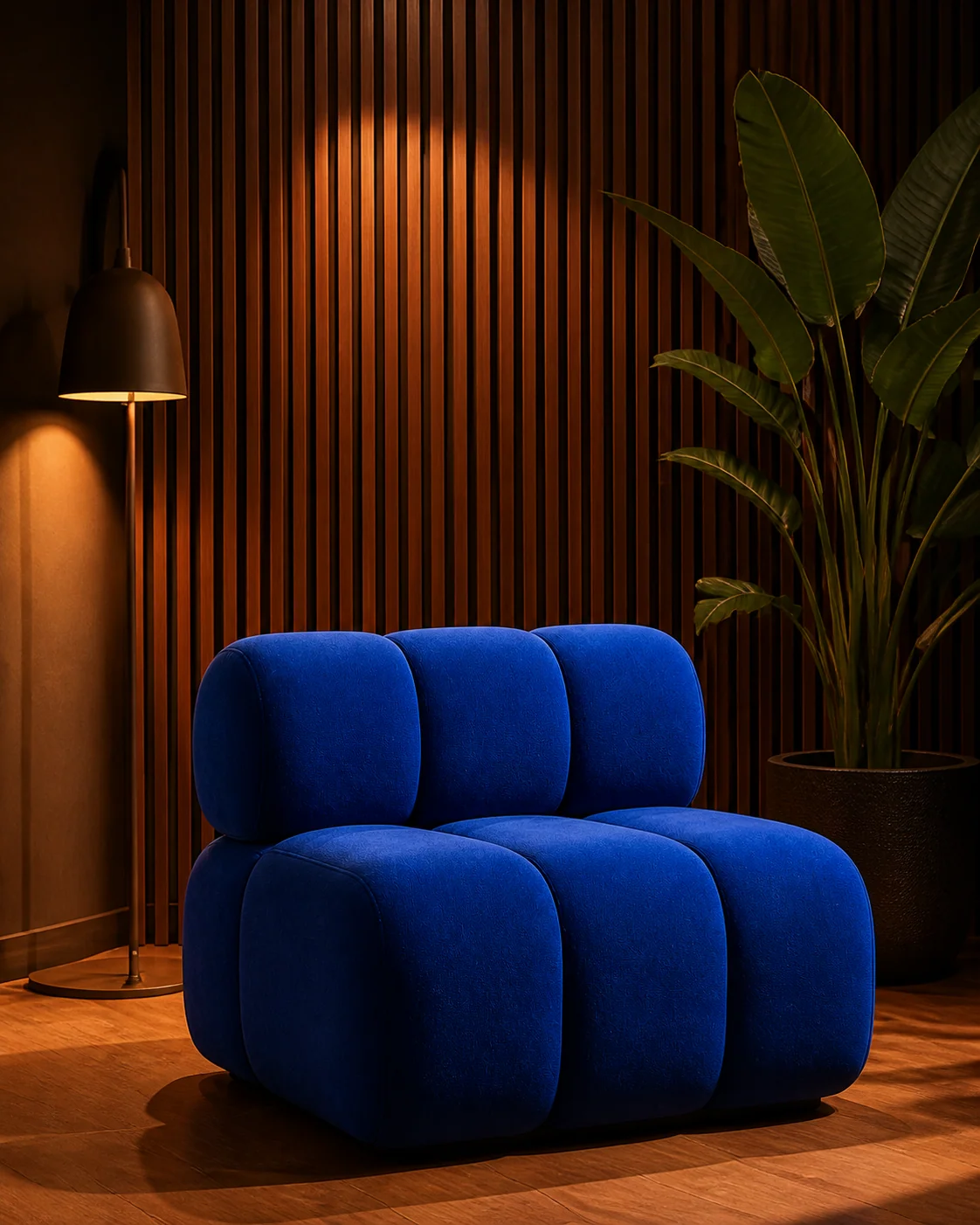 Cobalt-blue chair in a dark wood interior with a warm floor lamp and a large plant.