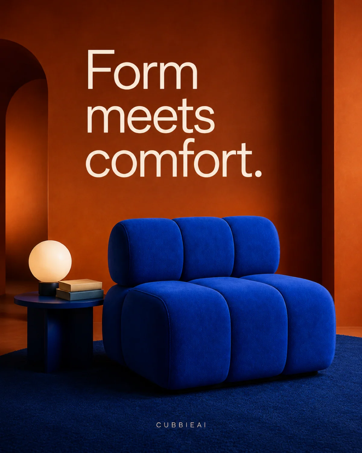 Blue-chair demonstration poster with a cream headline above the product, illustrating a single finished composition.