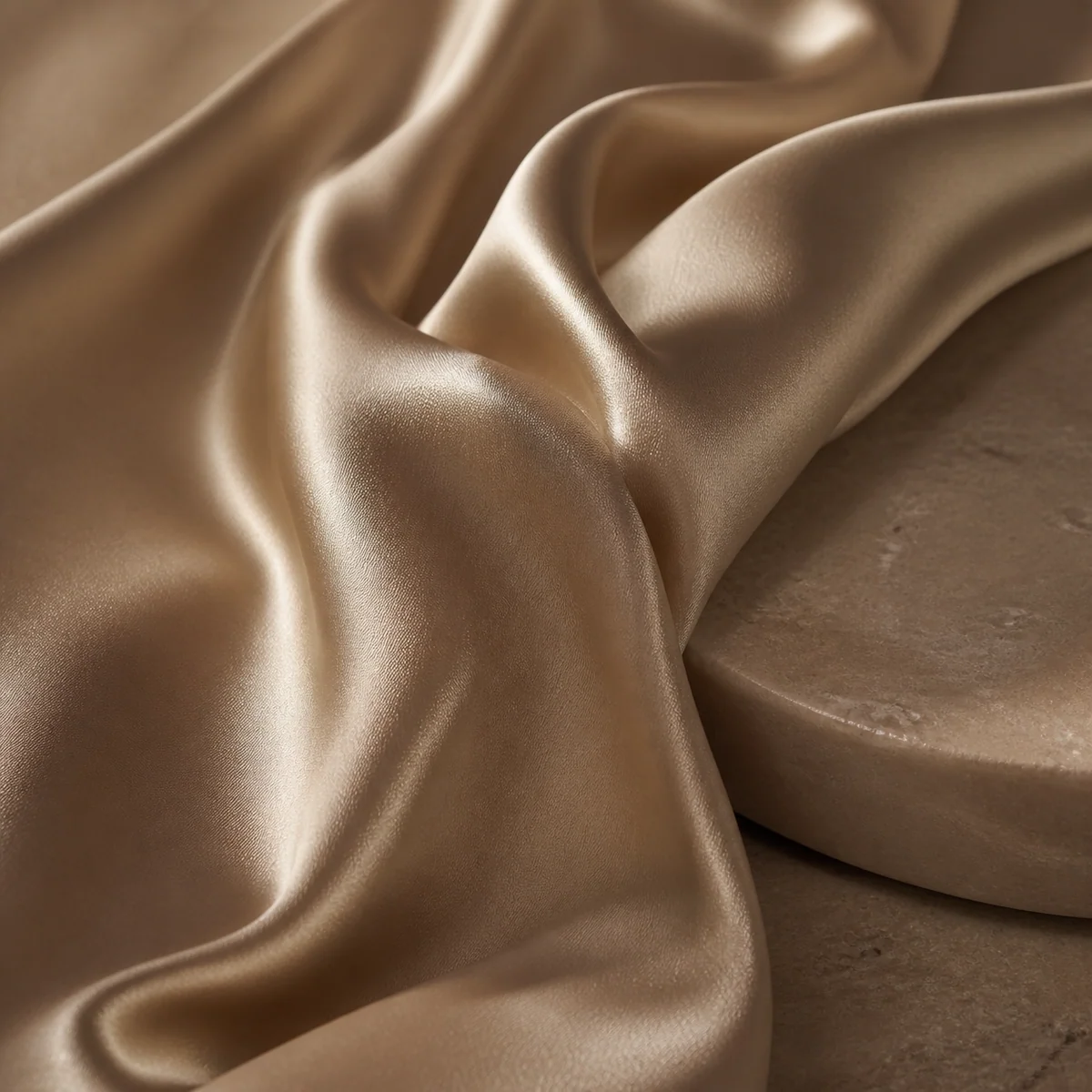 Champagne-colored silk draped across a warm stone surface, illustrating a palette and lighting reference.