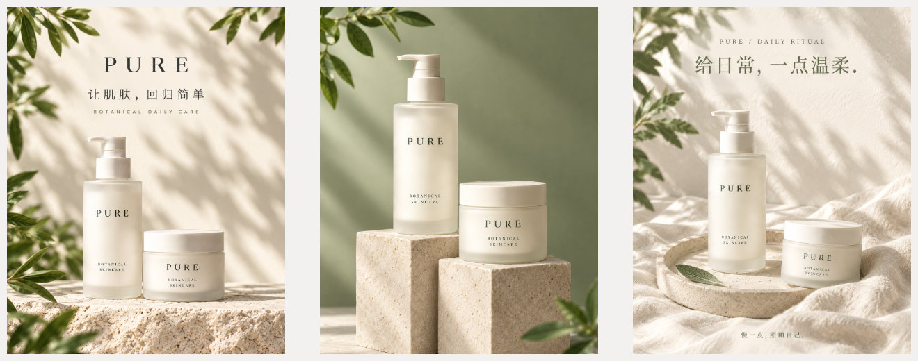 One skincare range, three brand visuals: exported from the Studio canvas