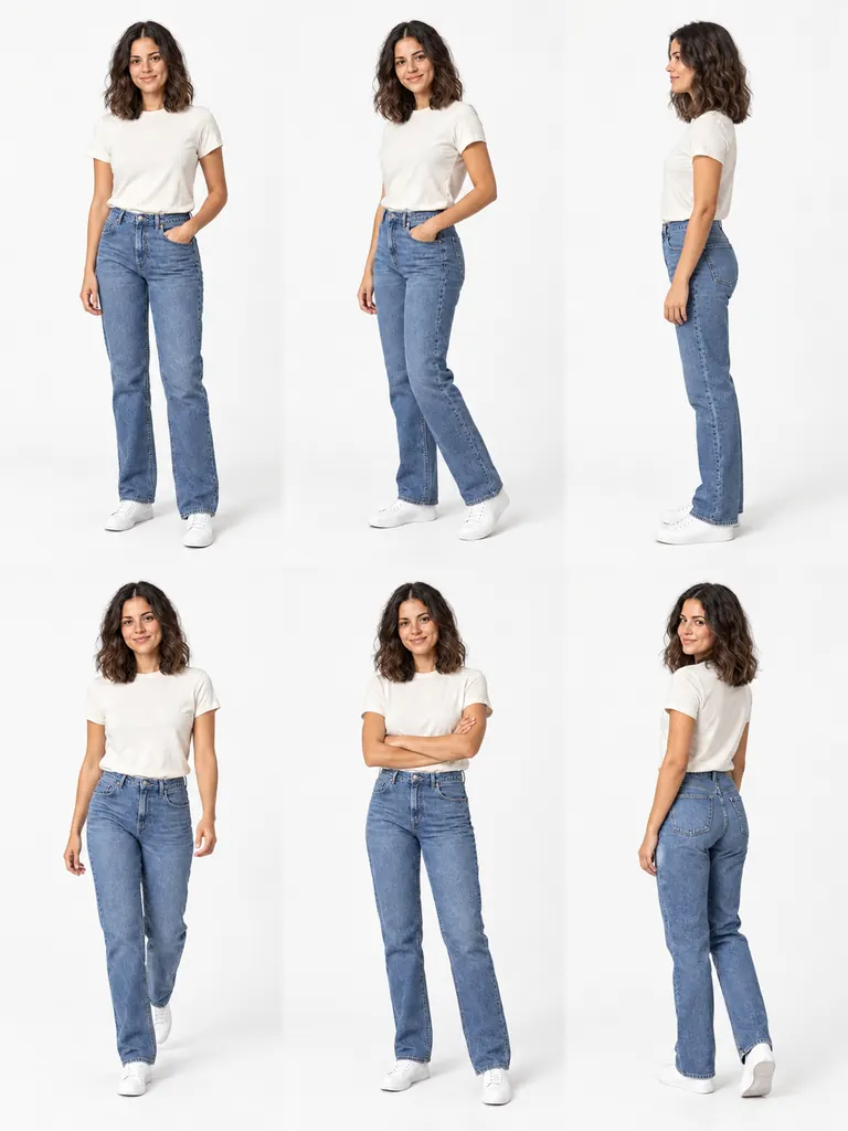 Six poses en pied en T-shirt blanc, jean bleu et baskets blanches sur un fond blanc