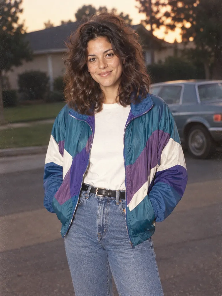 Portrait inspiré des années 80 avec un coupe-vent turquoise et violet, des cheveux volumineux et une rue de banlieue