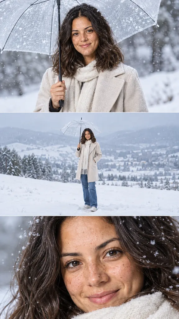Trois portraits d’hiver superposés : parapluie transparent, paysage enneigé et gros plan du visage