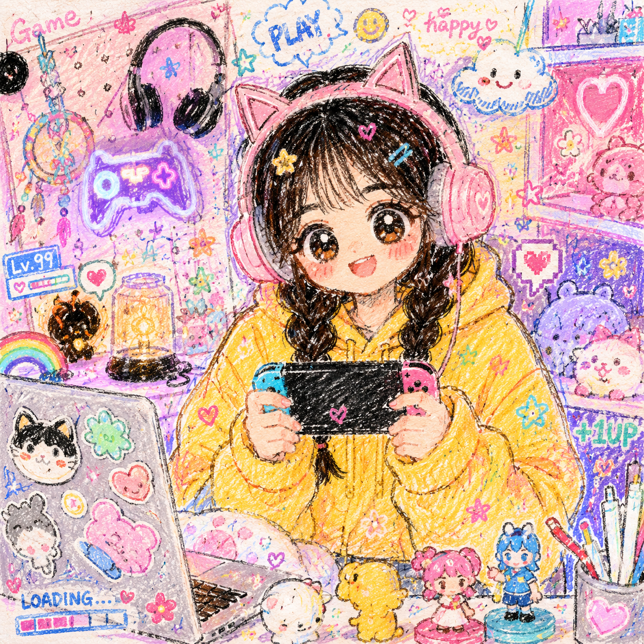 Crayon Kawaii Doodle style example