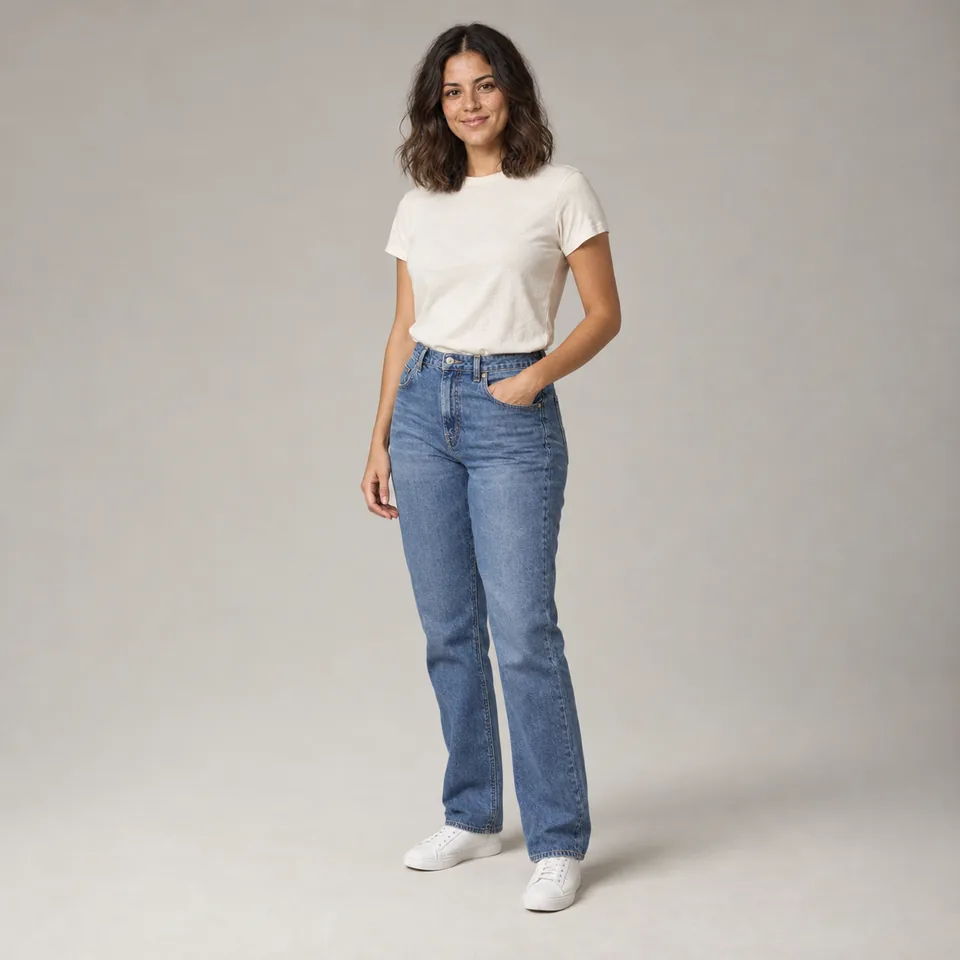 Photo originale en pied d’une femme en T-shirt blanc, jean et chaussures blanches, prise en studio